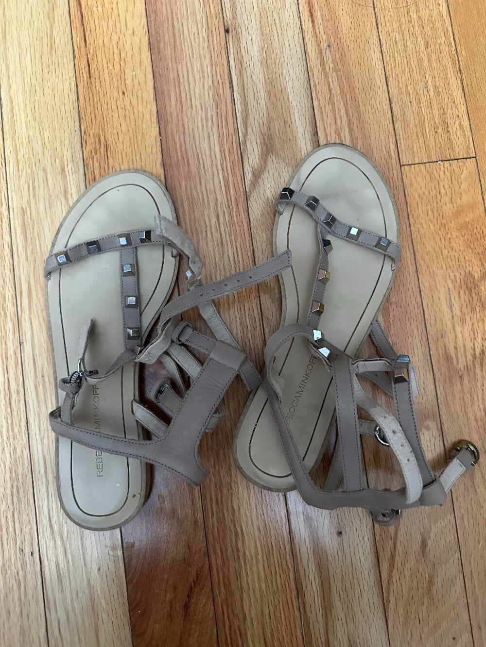Rebecca Minkoff Taupe Studded T-Strap Gladiator Sandals
